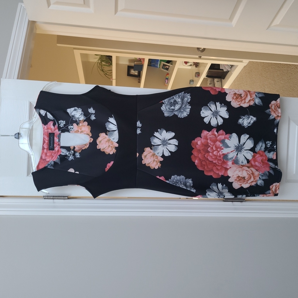 Black flowered body con dress